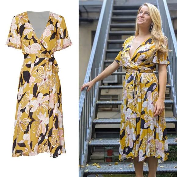 Slate & Willow Mod Daisy Wrap Dress Short Sleeve Midi Floral Yellow Size 0X - Picture 1 of 6